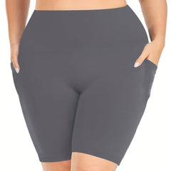 Plus Size Sports Shorts Women's Plus Solid High Rise Pockets Side Stretchy Yoga