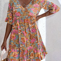  Floral Print V-Neck Mini Smock Dress