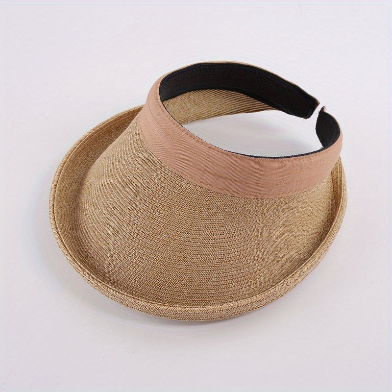 UV Protection Straw Sun Hat Roll Brim Ponytail Visor Hat Vintage Beach Hats