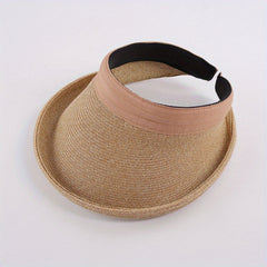 UV Protection Straw Sun Hat Roll Brim Ponytail Visor Hat Vintage Beach Hats