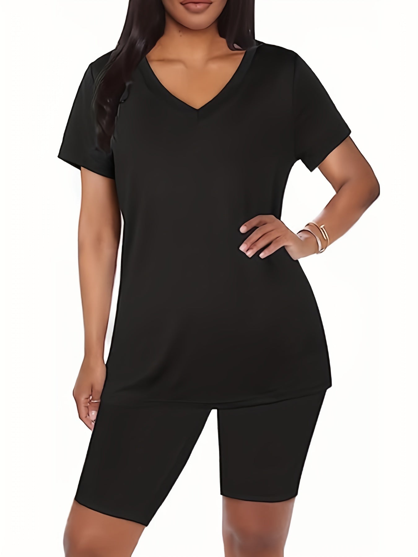 Casual Two piece Set V Neck Tee & Biker Shorts