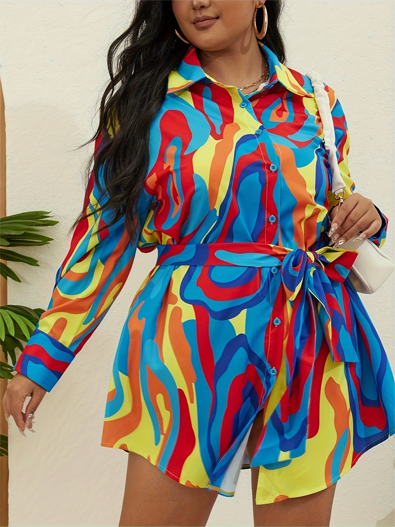 Women's Plus Print Long Sleeve Shirt Dress With Belt