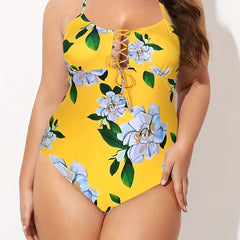  Vacay Swimsuit Women's Plus Floral Print Lace One Piece Bathing Suit
