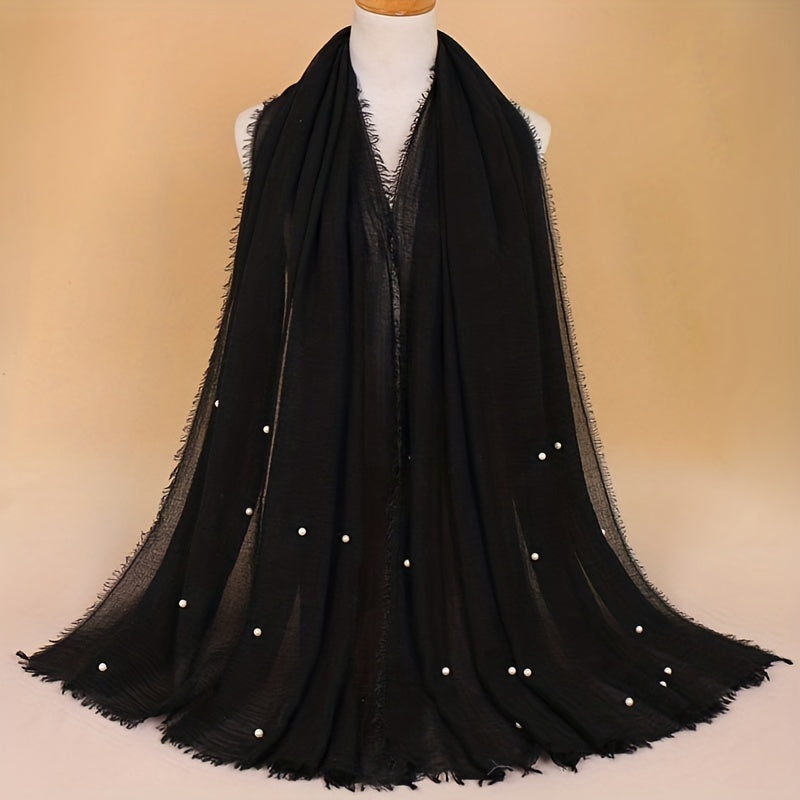 Solid Hijab Faux Pearl Decor Scarf Frayed Edge Shawl