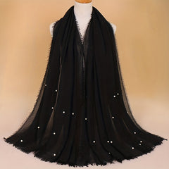 Solid Hijab Faux Pearl Decor Scarf Frayed Edge Shawl