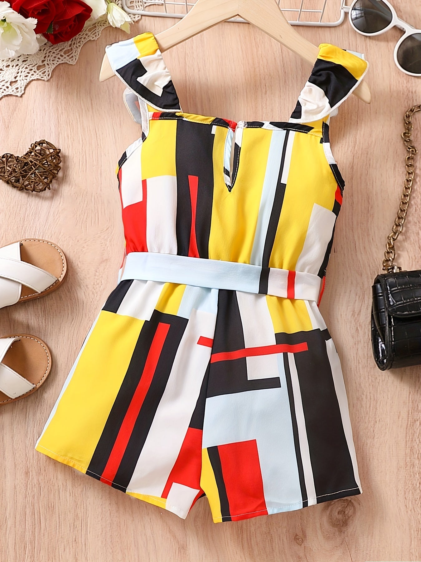 Girls Colorblock Print Ruffle Strappy Belted Romper Jumpsuit
