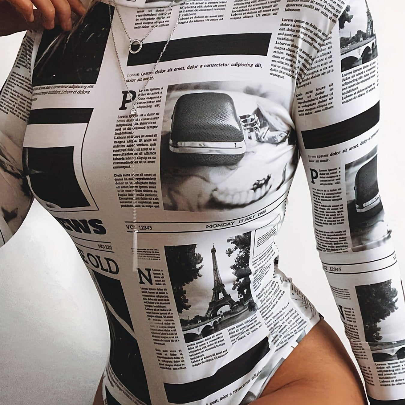  Sexy Newspaper Print Bodysuit Round Neck Long Sleeve