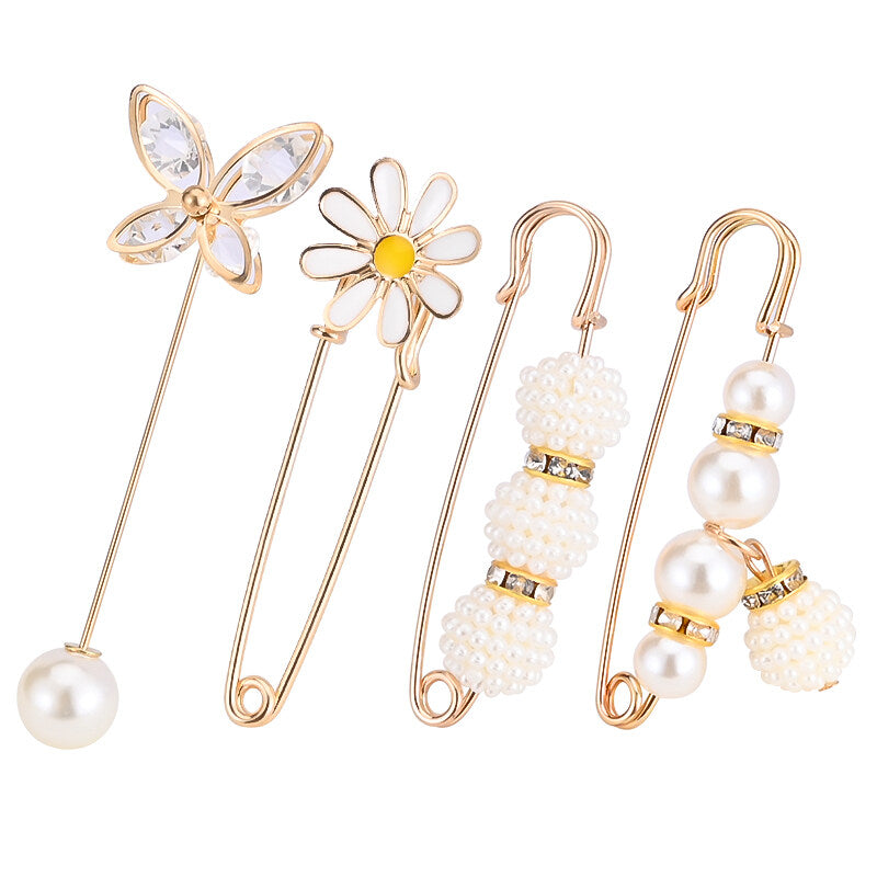 4pcs Faux Pearl Brooch Pins Sweater Shawl Jeans Clips Rhinestones Collar Safety