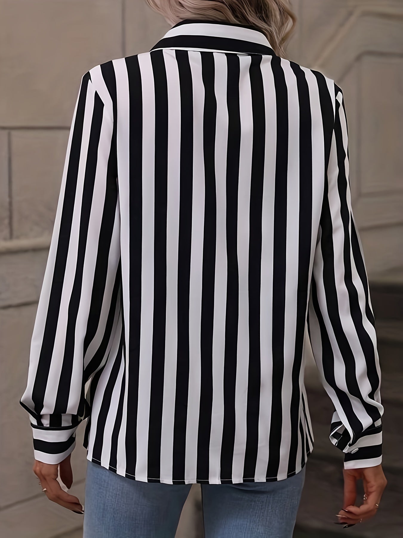  Stripe Print Long Sleeve Button Up Collar Shirt