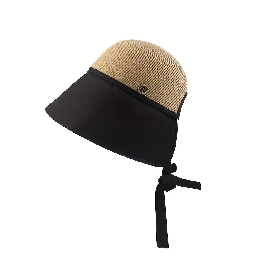 Block Stitching Sun Hat Crochet Straw Hat UV Protection Bucket Hat