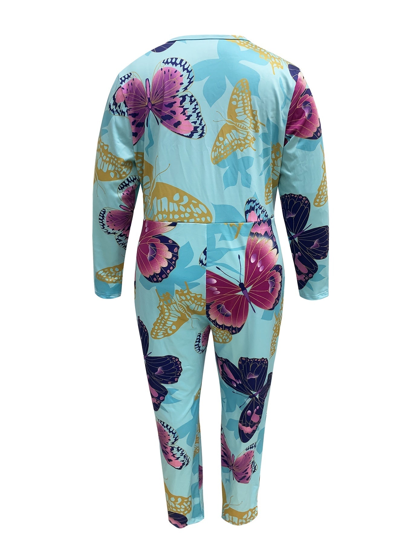  Butterfly Print V Neck Long Sleeve Jumpsuit