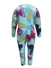  Butterfly Print V Neck Long Sleeve Jumpsuit