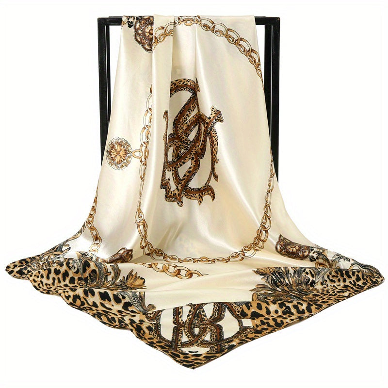 Leopard Chain Print Bandana Satin Square Head Scarf Solid Shawl