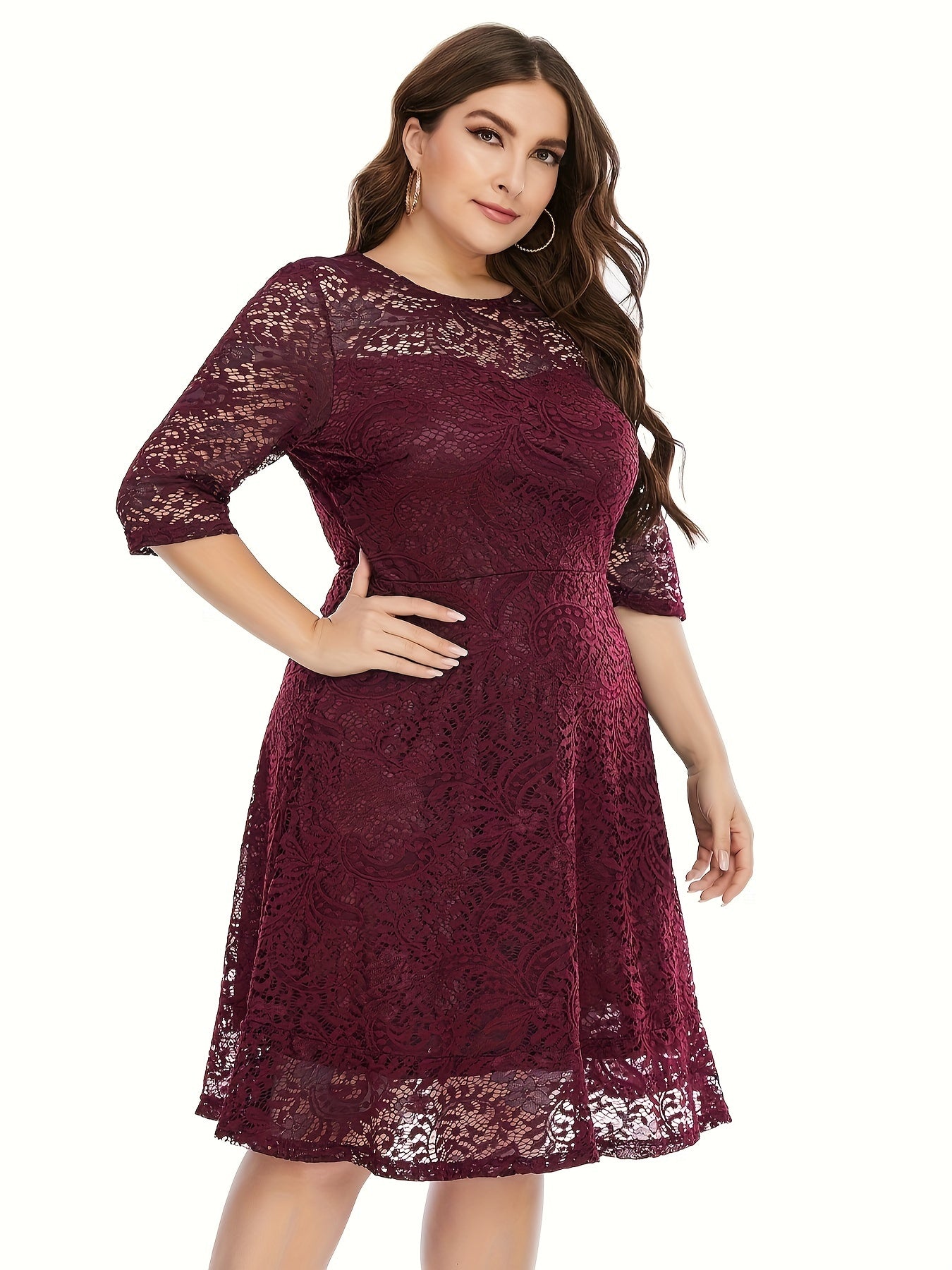  Lace Semi Sheer 3/4 Sleeve Midi Dress Women's Plus Stretch Midi Dress
