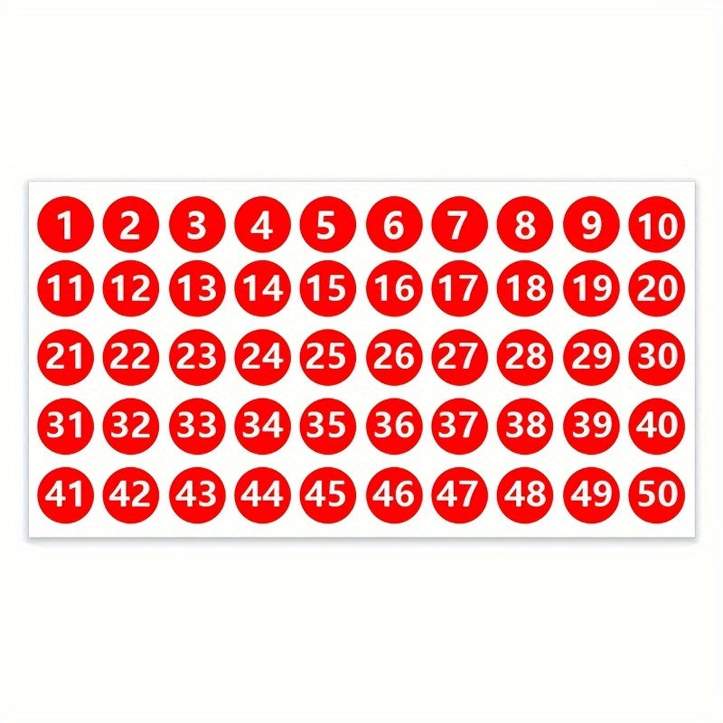Waterproof Numbered Labels/Stickers 1-50, 6 Colors, Strong Adhesion