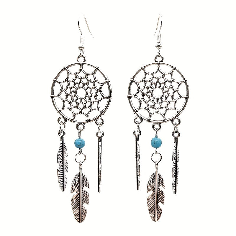 Feather Pine Stone Dream Catcher Earrings Vintage Ear Jewelry