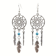 Feather Pine Stone Dream Catcher Earrings Vintage Ear Jewelry