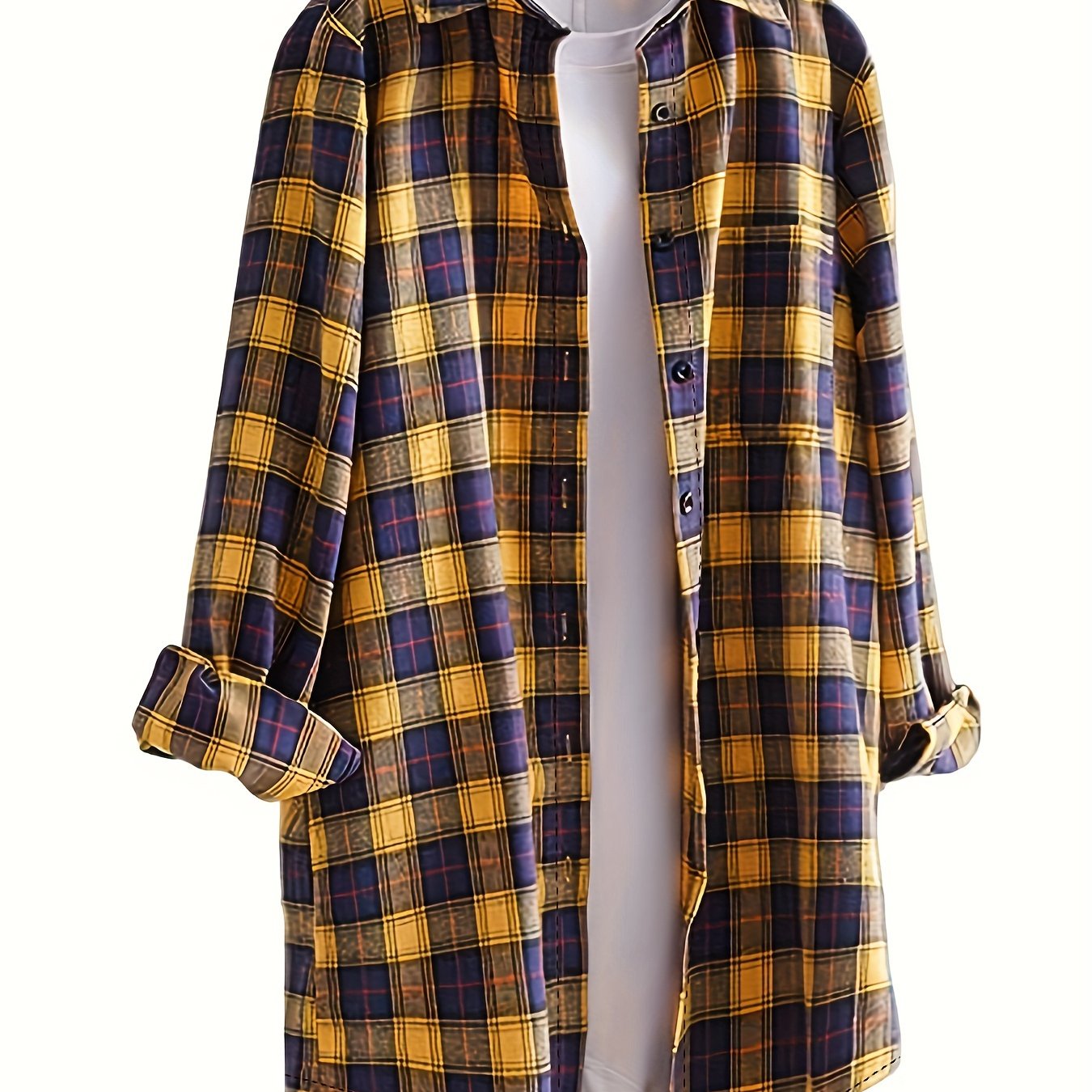  Plaid Button Up Collar Blouse