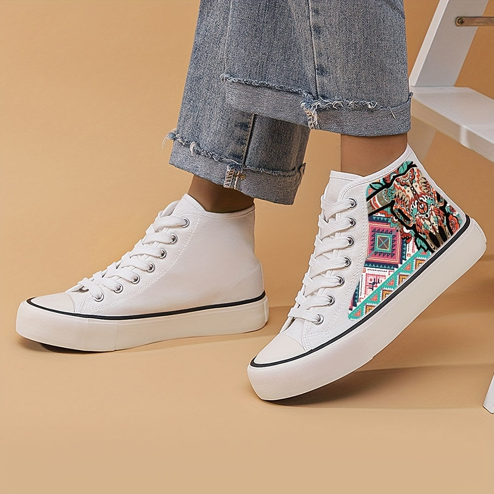 Retro Cow Print Chunky Canvas Sneakers High Top Classic Skate Shoes