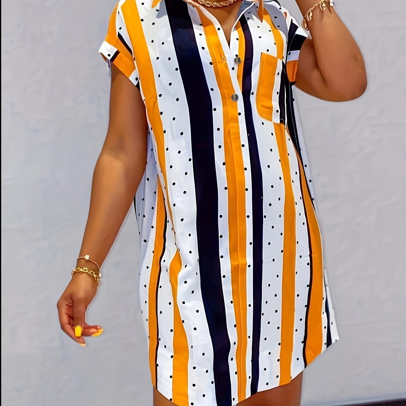  Polka Dot & Stripe Print Shirt Dress