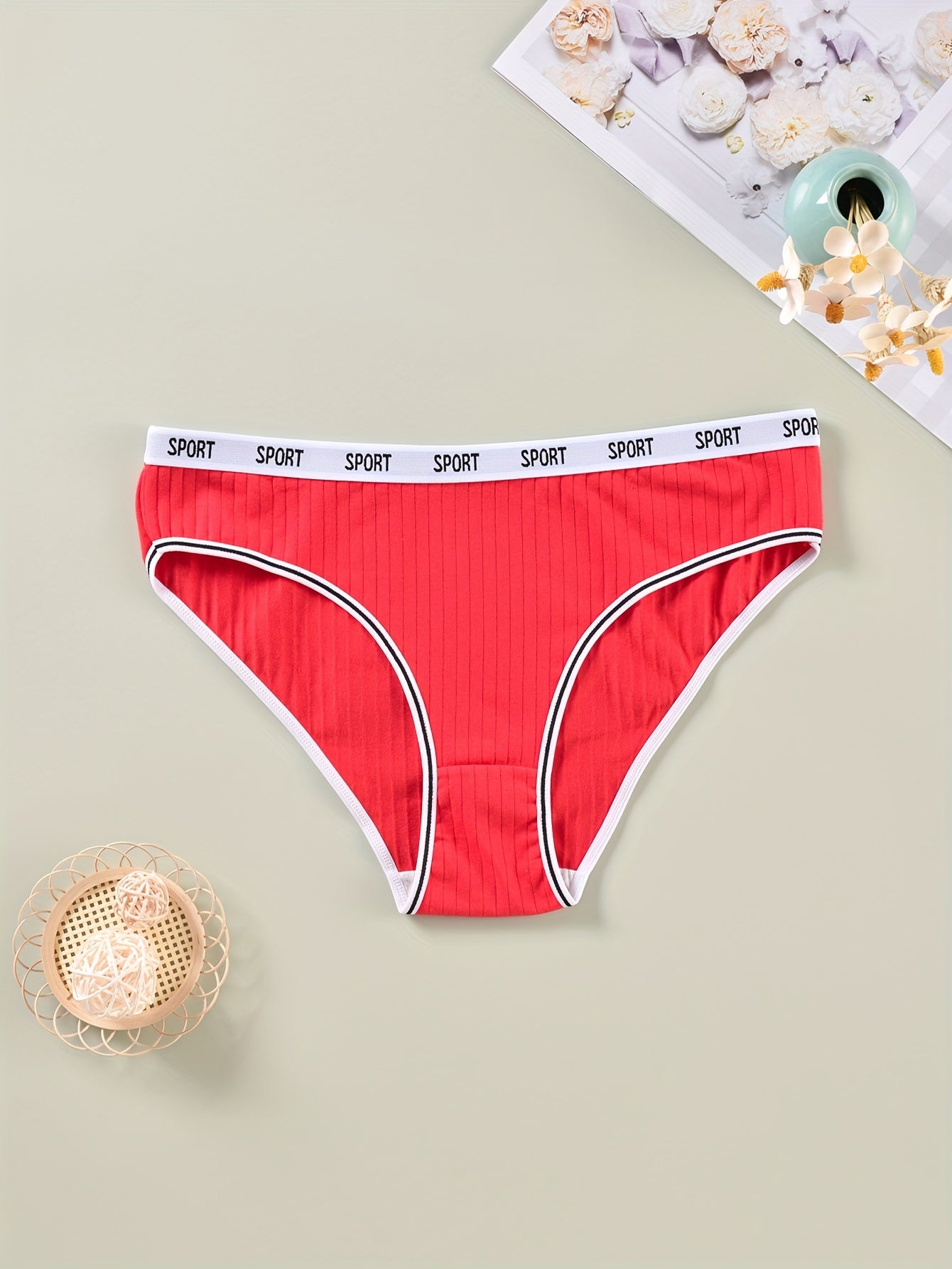 5 Pack Plus Size Sports Panties Set Women's Plus Ribbed Knit Contrast Letter Tap
