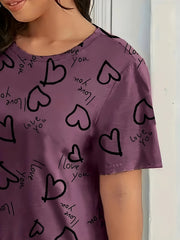  Heart Print Short Sleeve Tee Sleep Dress