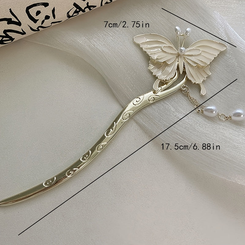Chinese Vintage Butterfly Tassel Faux Pearl Hairpin Hanfu Antique Metal