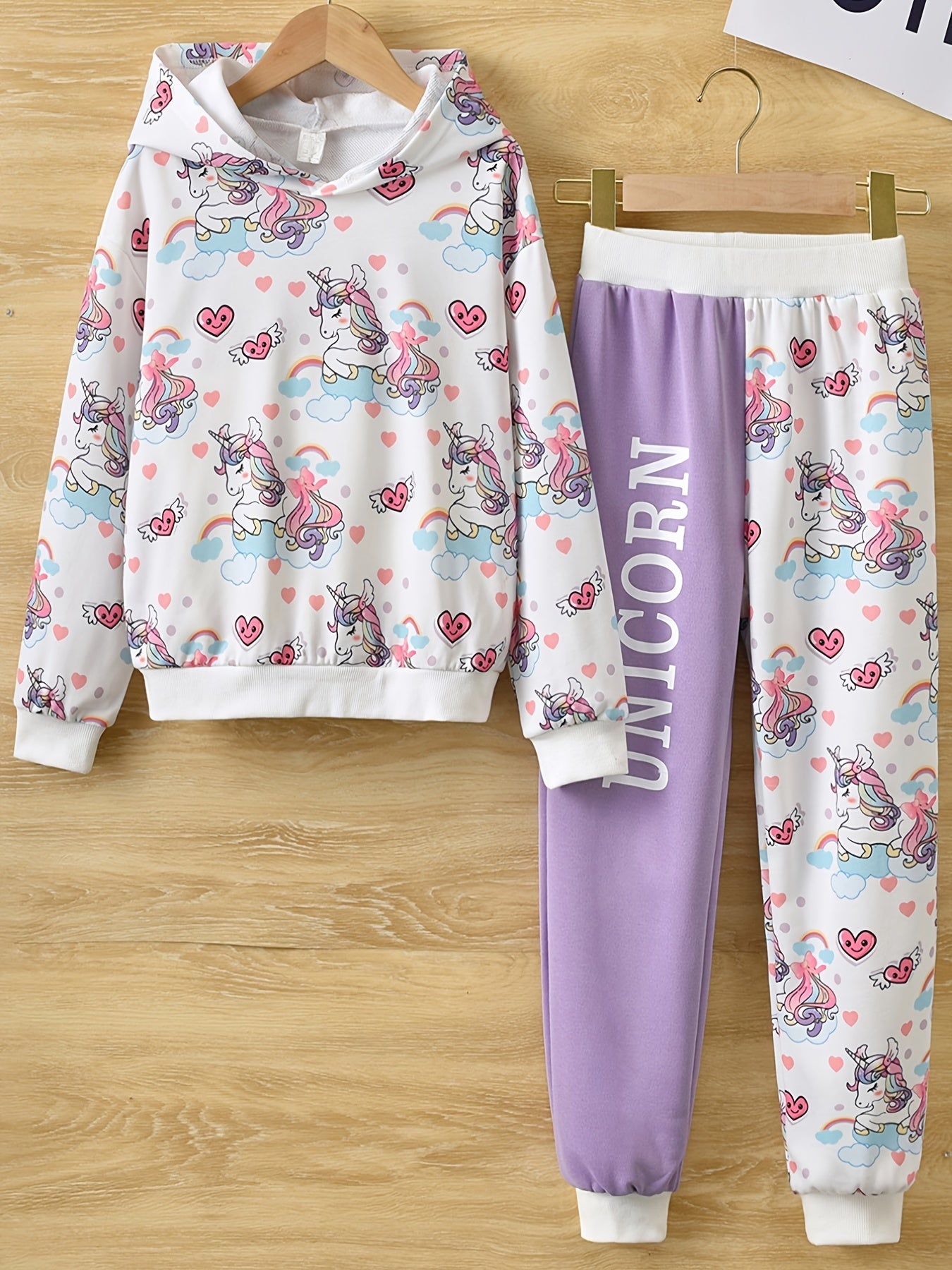 Girl's Unicorn Print Hoodie & Sweatpants Set for Spring Fall