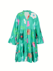  Floral Print Long Sleeve V Neck Shirt Dress