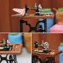 1:12 Scale Vintage Sewing Machine Dollhouse Accessory with Wooden Base