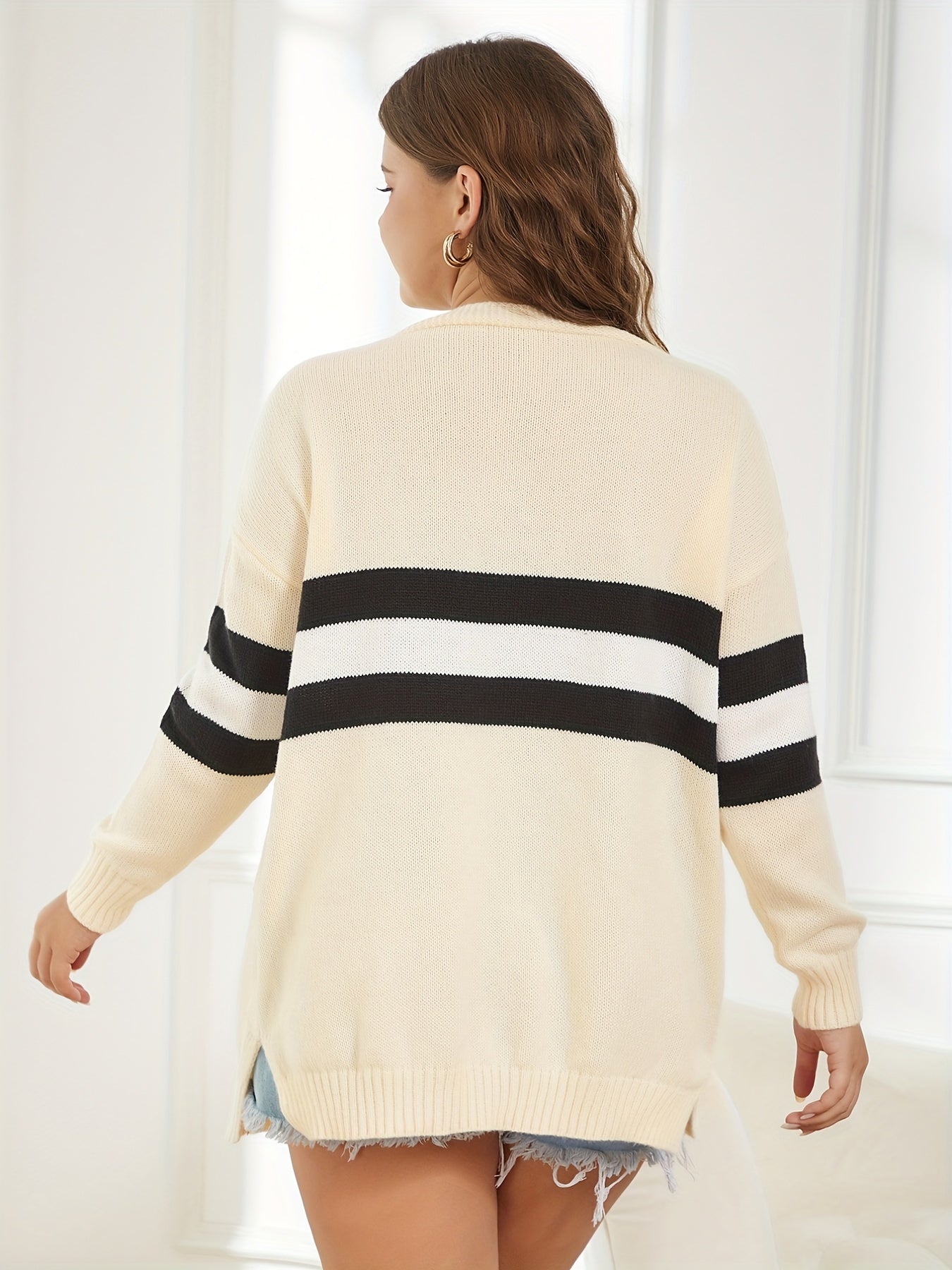 Plus Stripe Long Sleeve Cardigan with Pockets