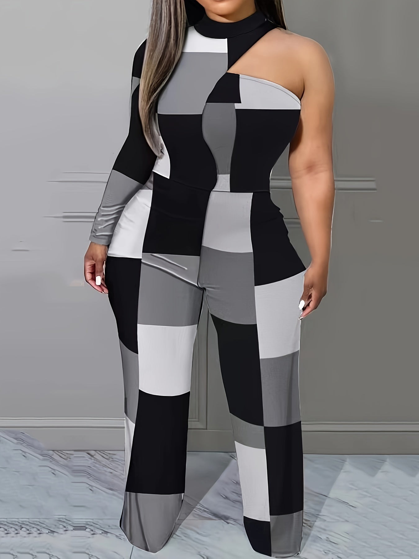  Colorblock Grid Print Jumpsuit