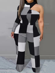  Colorblock Grid Print Jumpsuit
