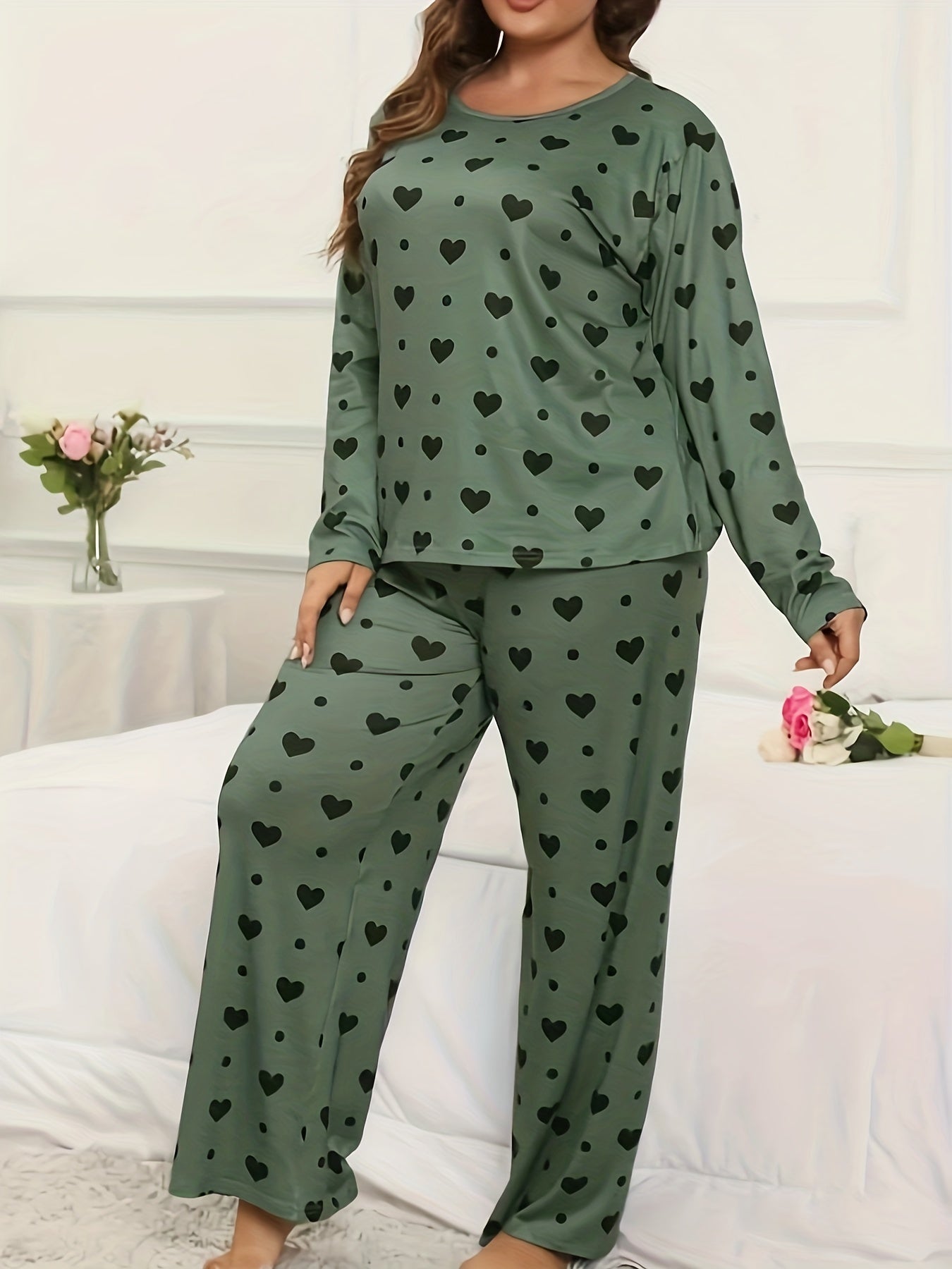  Heart & Polka Dot Print Long Sleeve Pajamas Set