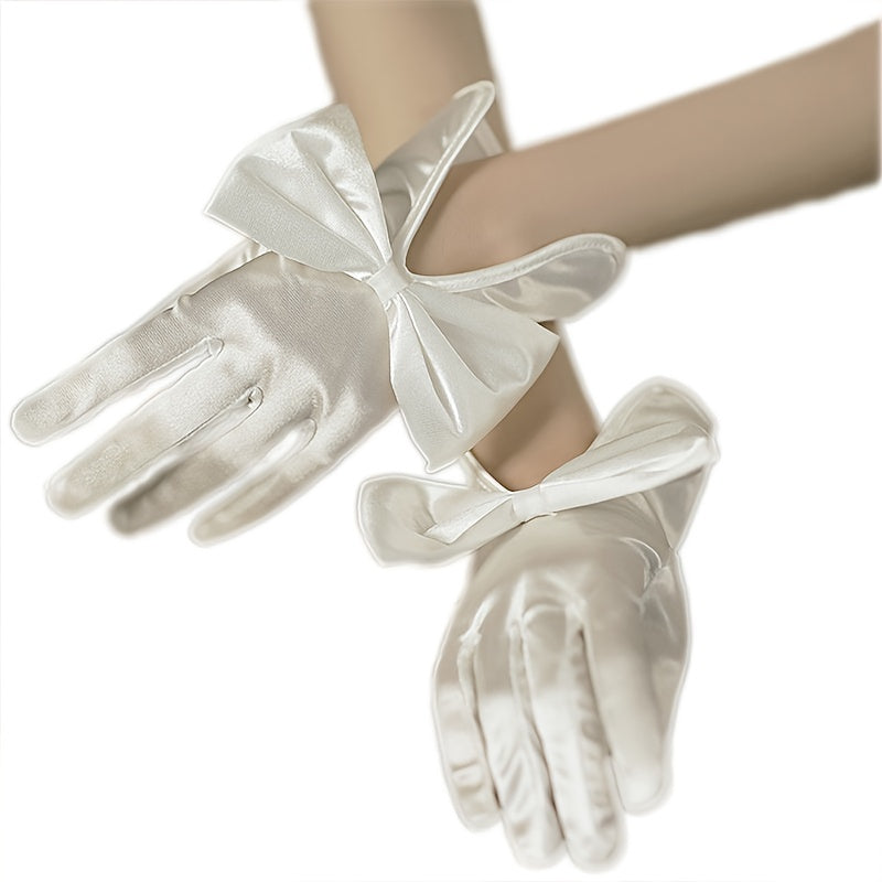 Bride Short Satin Elastic Big Bow Wedding Gloves Red Beige