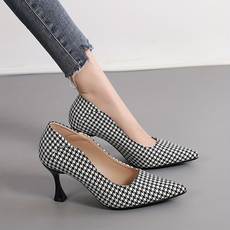 Women's Houndstooth Stiletto Heels Pointed Toe Dress Pumps