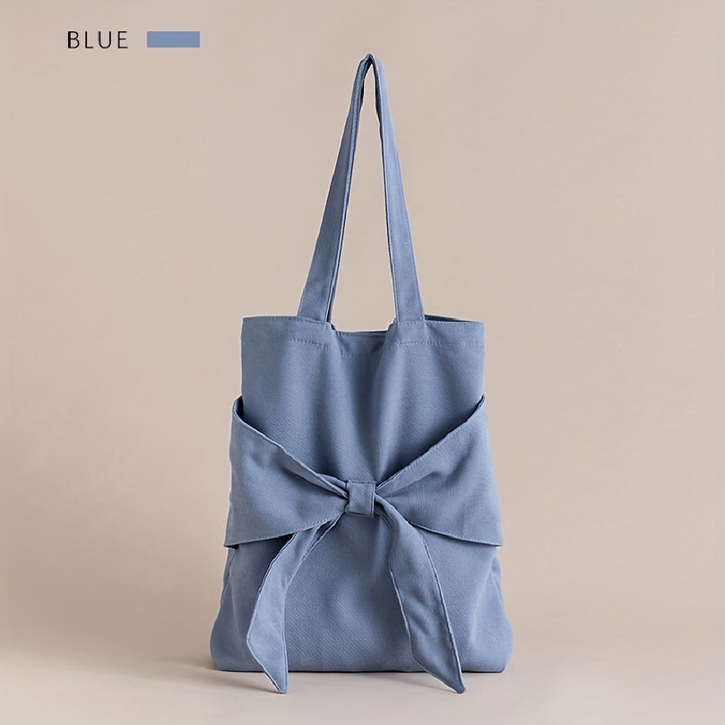 Bowknot Decor Canvas Shoulder Bag Tote Bag Solid Handbag For School Travel
