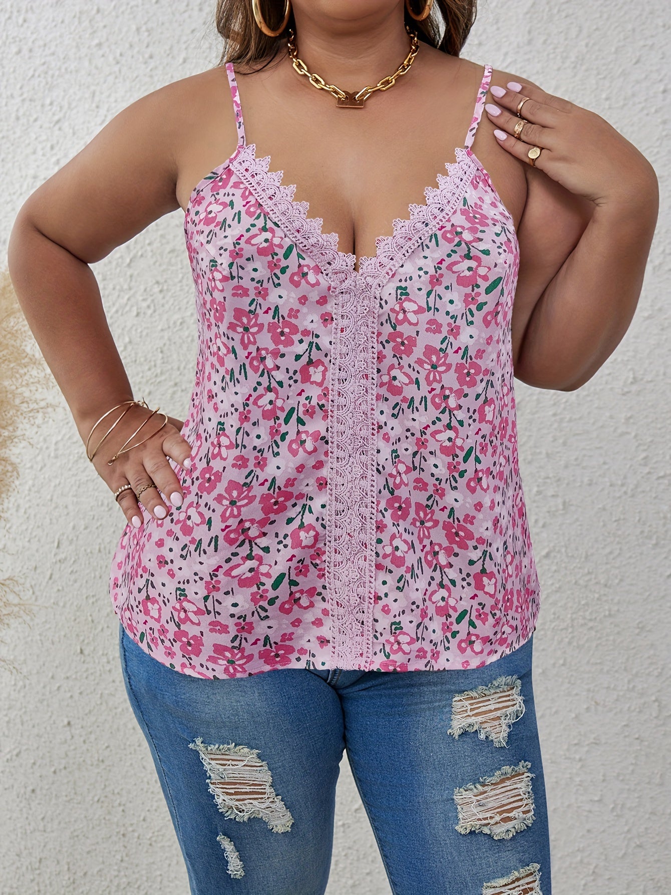  Sexy Cami Top Women's Plus Ditsy Floral Print Lace V Neck