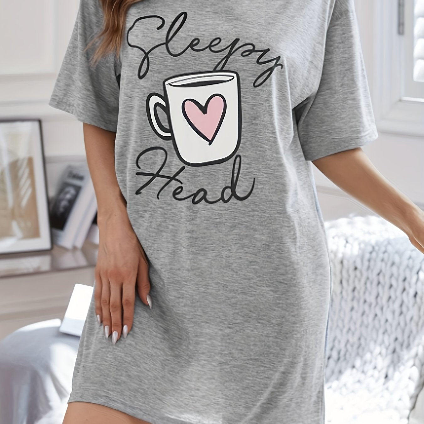 Cup & Letter Print NightDress Short Sleeve Crew Neck Pajama Dress