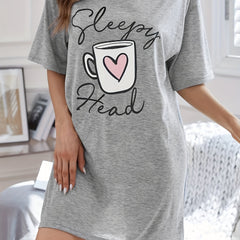 Cup & Letter Print NightDress Short Sleeve Crew Neck Pajama Dress