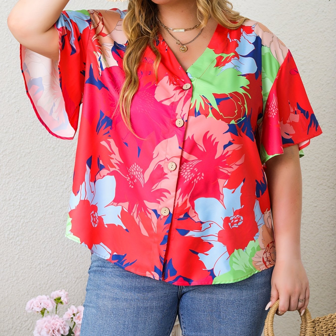  Casual Blouse Women's Plus Contrast Floral Print Half Butterfly Sleeve