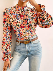  Floral Print Lantern Sleeve Mock Neck Top