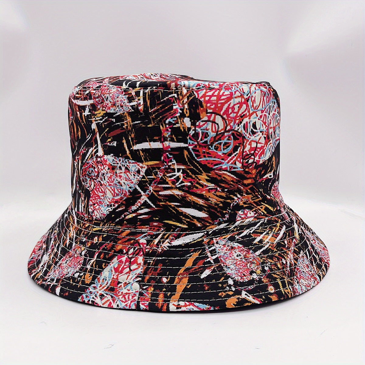 Graffiti Striped Print Bucket Hat Vintage Reversible Fisherman Cap Red Brown Sun