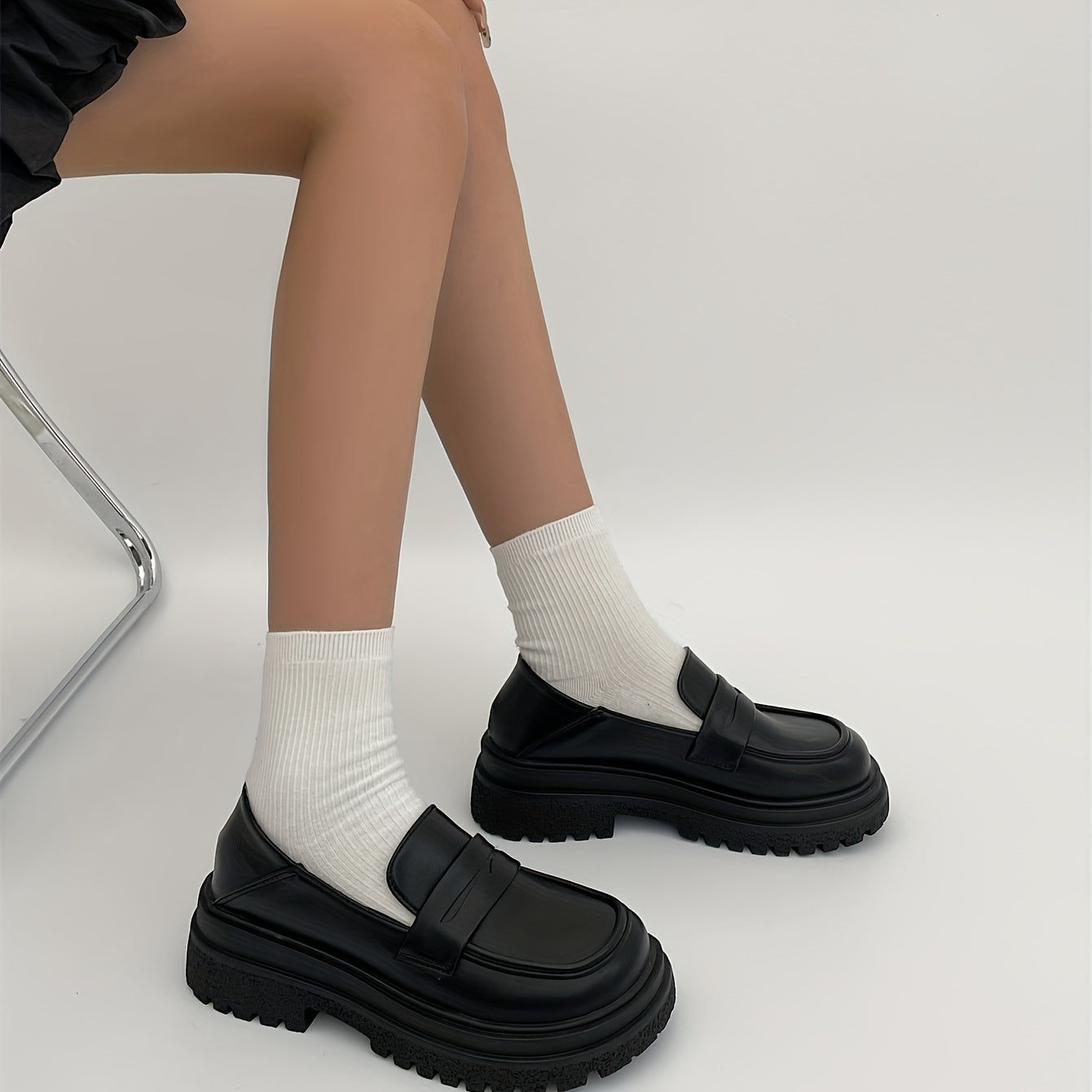 Women's British Style Loafers Slip On Chunky Shoes