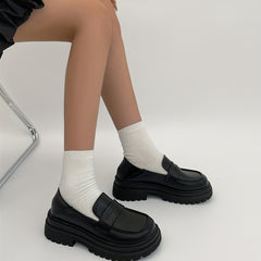 Women's British Style Loafers Slip On Chunky Shoes