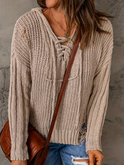  Casual Sweater Solid Chunky Ripped Lace Up Long Sleeve Hooded Pullover