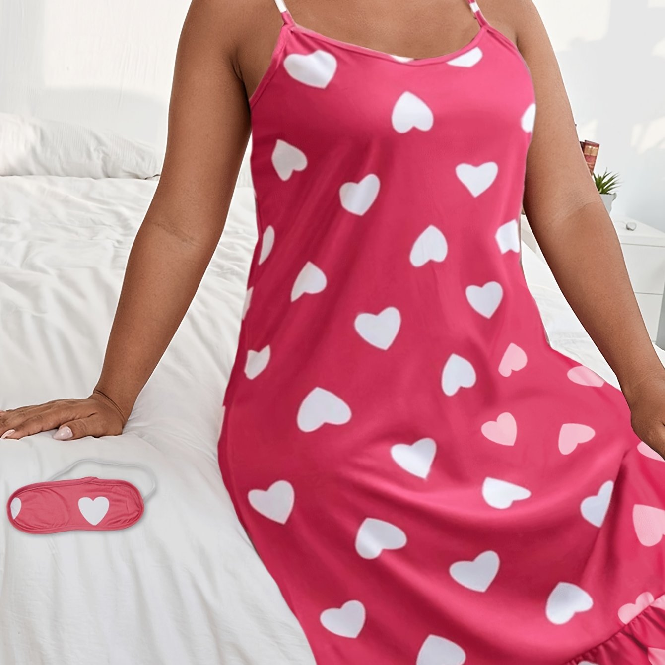  Heart Print Ruffle Trim Cami Sleep Dress