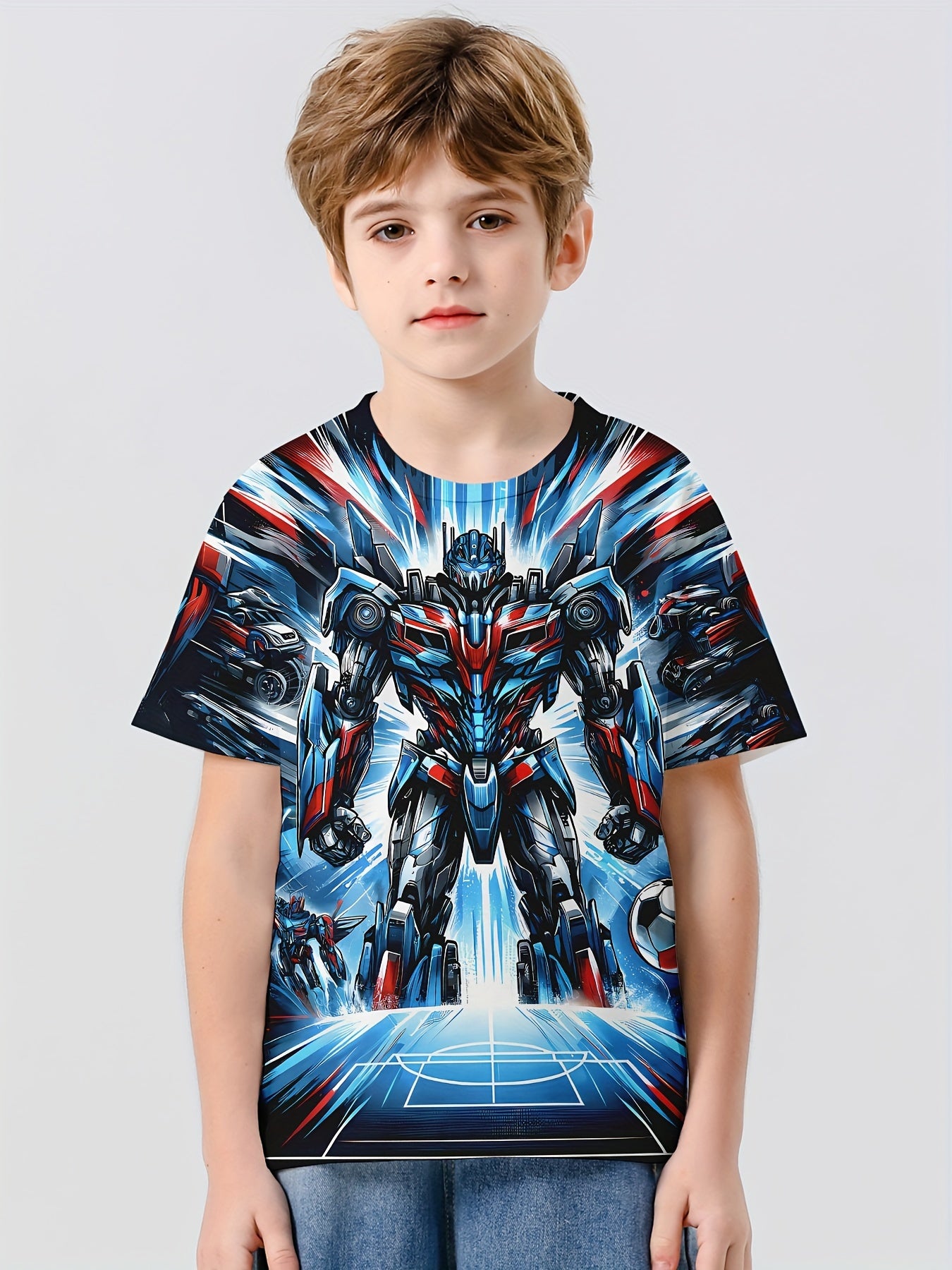 Robot Warrior Print Boy's Tees Short Sleeve Crew Neck Comfy T shirt