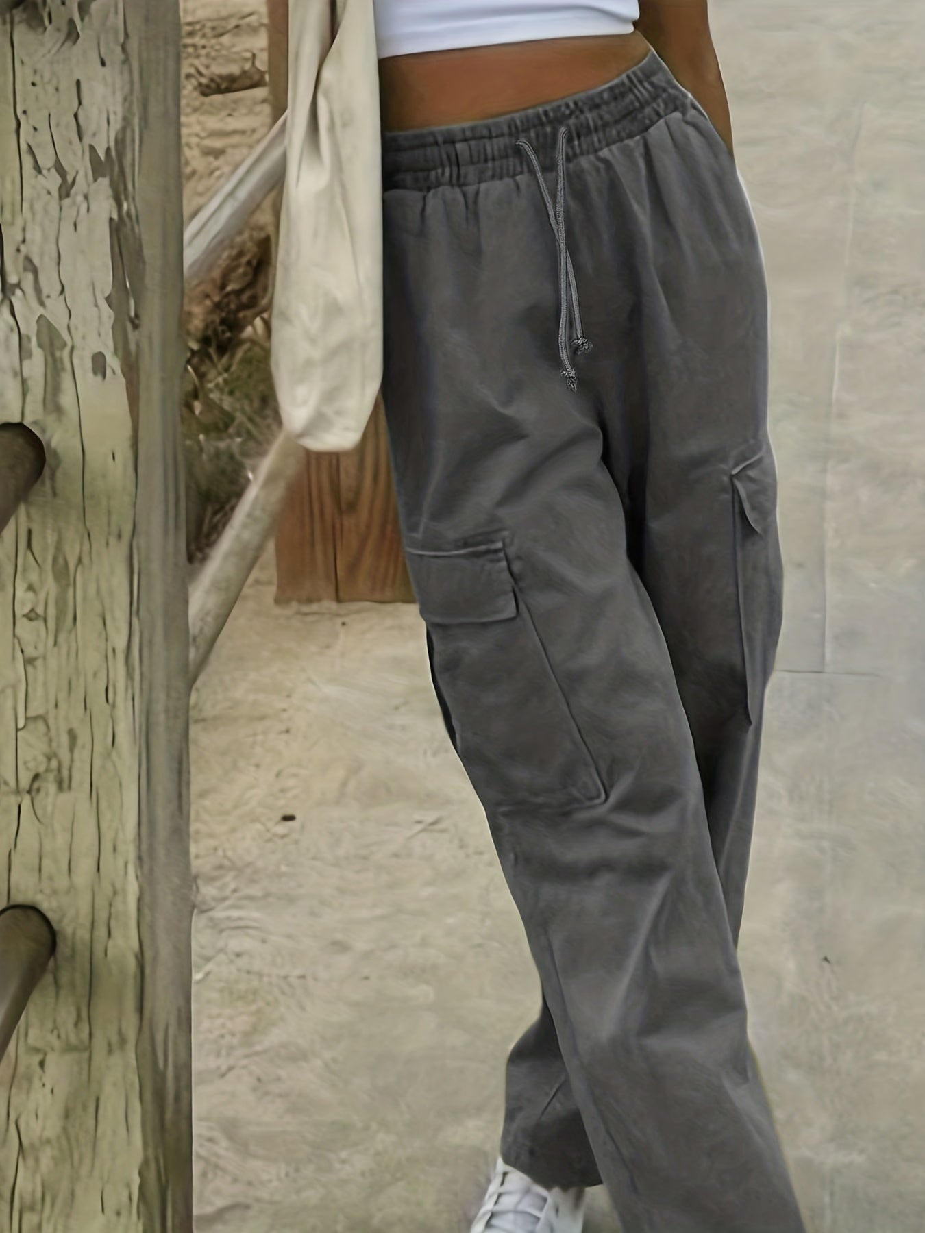  Women's Solid Cargo Pants with Drawstring Waist