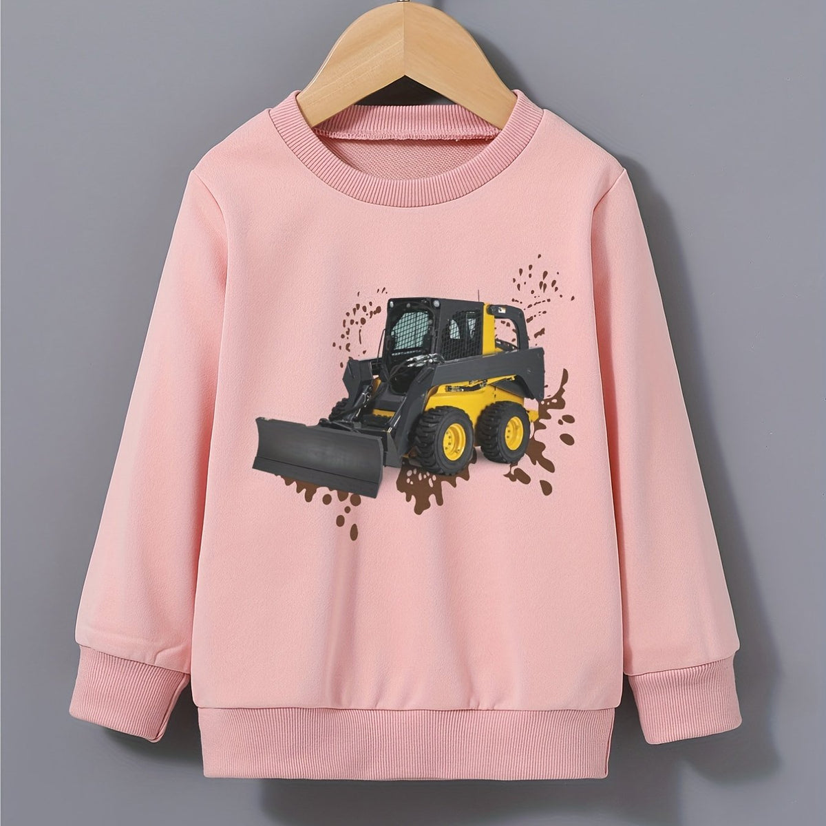 Excavator Mud Road Print Boys Sweatshirt Long Sleeve Crew Neck Tops